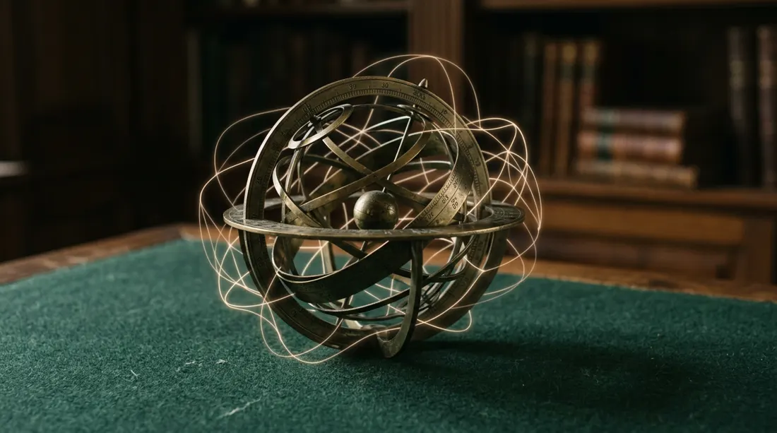 A brass armillary sphere on green felt traced by threads of light