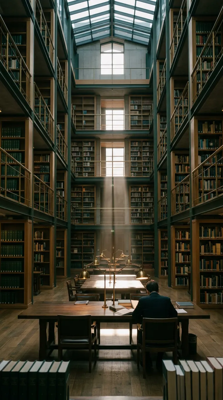 A tall library atrium with oak reading tables and brass lamps