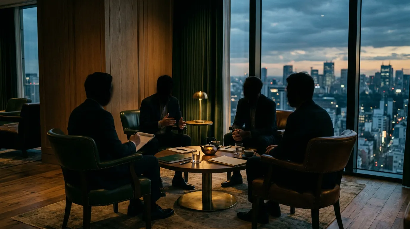 Executives in conversation around a low table at dusk